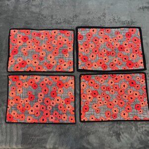 Set Of 4 Handmade Quilted Placemats With Red & Orange Poppies‎ Floral Design